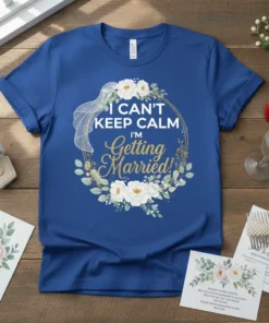 Bridal t-shirt with white text "I CAN'T KEEP CALM I'M Getting Married!" in a floral wreath