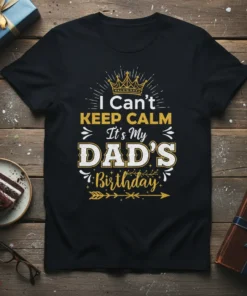 I Can't Keep Calm It's My Dad's Birthday text with crown graphic on a black t-shirt