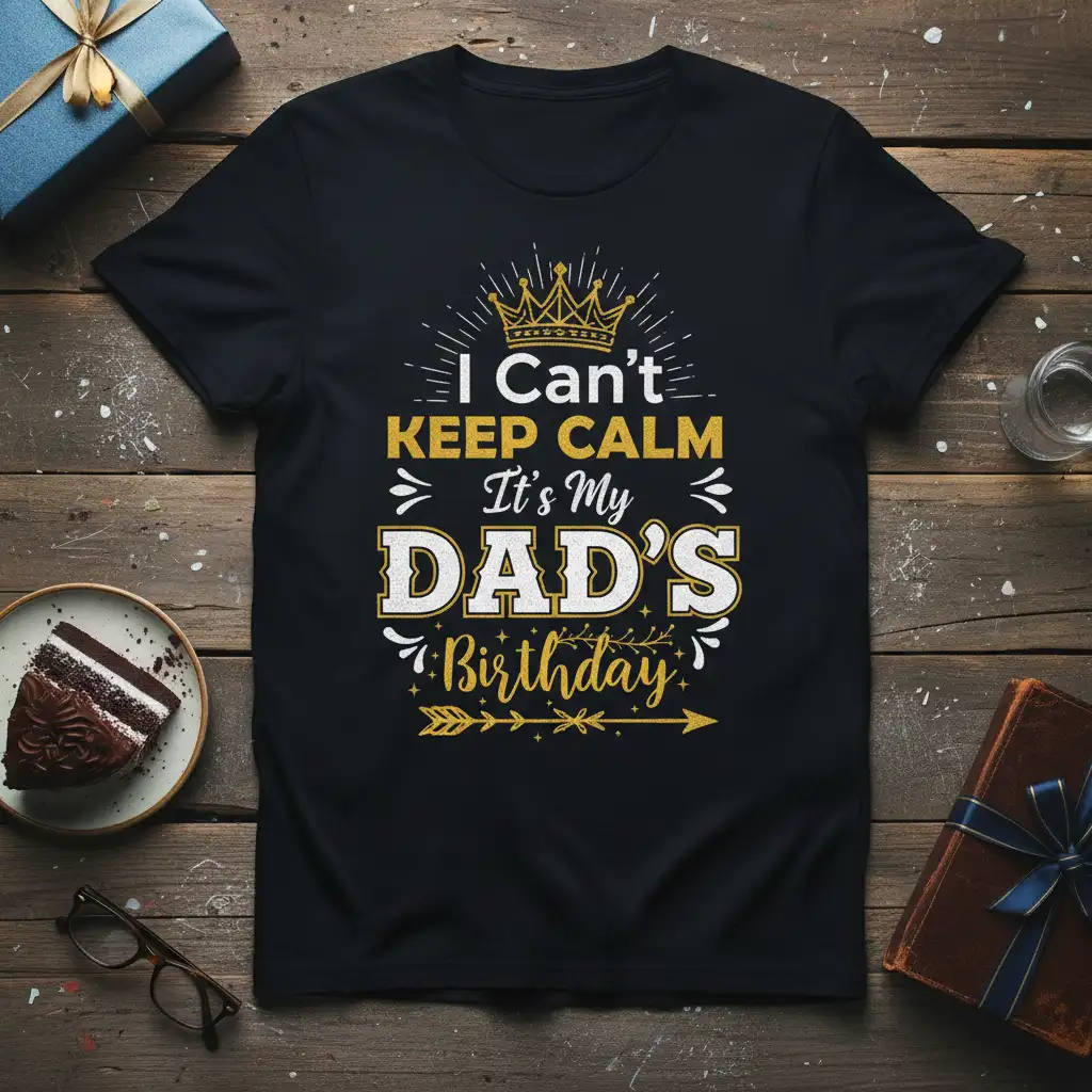I Can't Keep Calm It's My Dad's Birthday quote with crown and decorative elements on a black t-shirt
