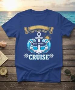 I Can't Keep Calm & It's My First Cruise text with anchor and waves graphic on blue t-shirt