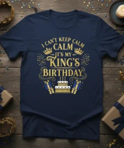 I Can't Keep Calm It's My King's Birthday text with crown and cake graphic on navy t-shirt