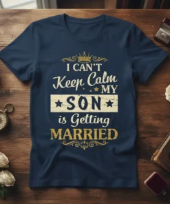 I CAN'T Keep Calm MY SON is Getting MARRIED text on a navy blue t-shirt, featuring decorative elements and a
