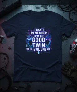 T-shirt design with text "I Can't Remember If I'm The Good Twin Or The Evil One" featuring split profiles of