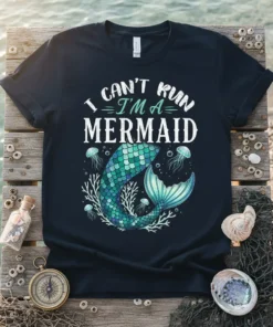I Can't Run I'm A Mermaid text with a teal mermaid tail and jellyfish graphic on a black t-shirt