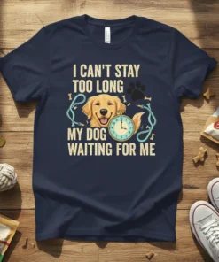 I Can't Stay Too Long My Dog Waiting For Me t-shirt featuring a golden retriever, clock, and paw print graphic