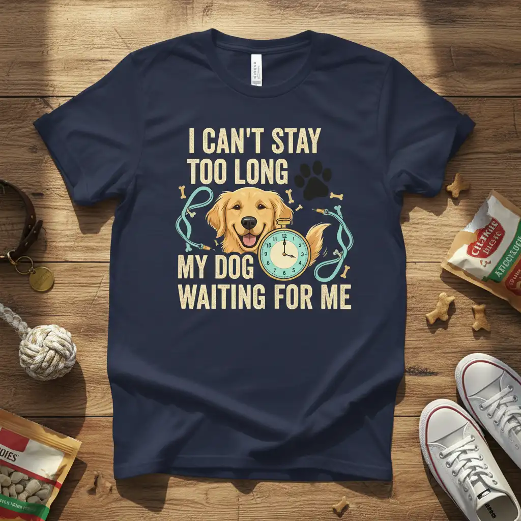 I Can't Stay Too Long My Dog Waiting For Me quote on a navy t-shirt with golden retriever graphic