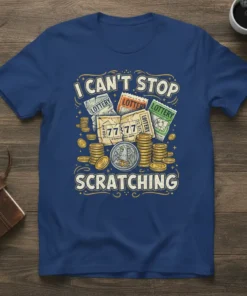 I Can't Stop Scratching t-shirt design featuring lottery tickets, stacks of coins, and a lucky coin graphic