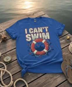 Blue t-shirt with "I CAN'T SWIM" text and a red life preserver graphic with small fish