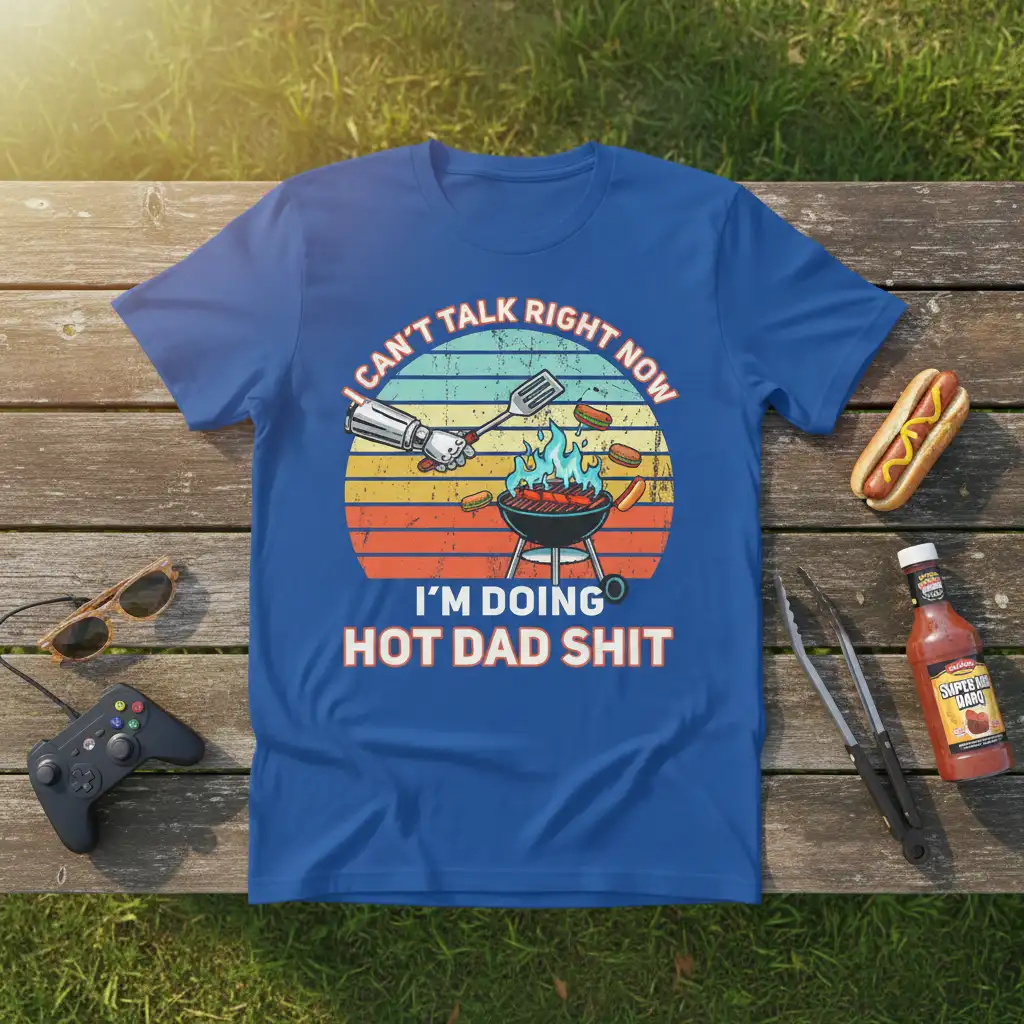 I CAN'T TALK RIGHT NOW I'M DOING HOT DAD SHIT quote with retro sunset and grilling graphic on t-shirt