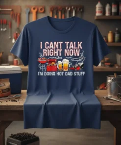 I Can't Talk Right Now I'm Doing Hot Dad Stuff t-shirt with grill, beer, and lawnmower graphics