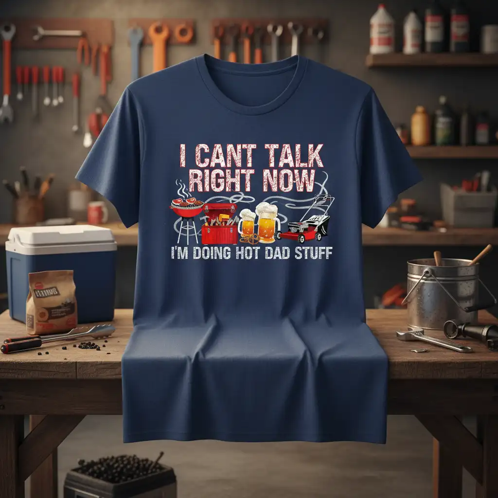 I Can't Talk Right Now I'm Doing Hot Dad Stuff humorous quote t-shirt with grilling and beer graphics