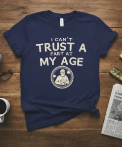 I Can't Trust A Fart At My Age humorous quote on a navy t-shirt with a vintage illustration of an
