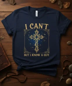 Christian t-shirt with the quote "I Can't But I Know A Guy" and a golden cross design