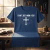 Christian t-shirt with text "I Can't, But I Know A Guy" and a stylized cross graphic