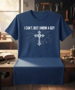 Christian t-shirt with text "I Can't, But I Know A Guy" and a stylized cross graphic