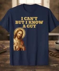 Navy t-shirt with gold text "I CAN'T BUT I KNOW A GUY" and an image of Jesus