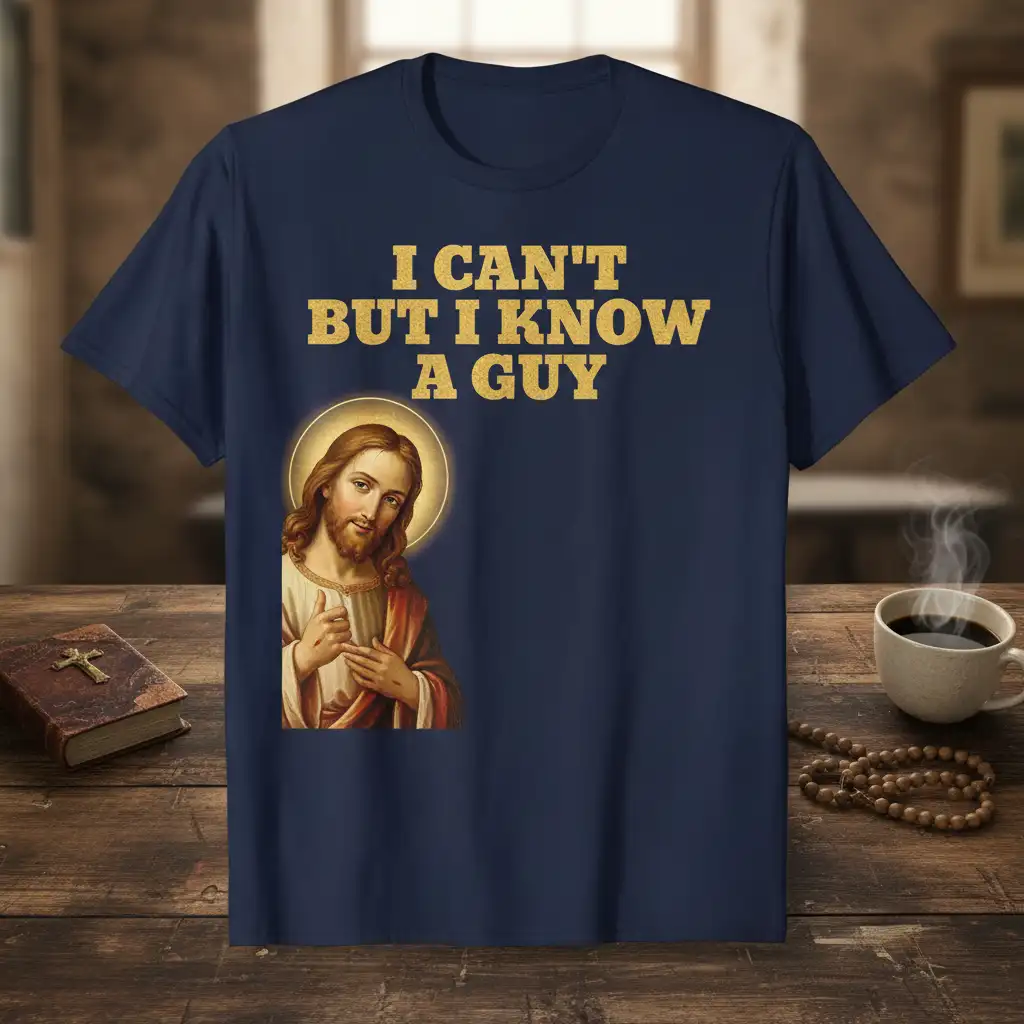I CAN'T BUT I KNOW A GUY text and Jesus graphic on a navy t-shirt for Christian humor lovers
