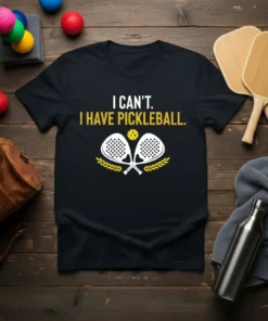 I CAN'T. I HAVE PICKLEBALL. text with crossed pickleball paddles and ball graphic on black t-shirt