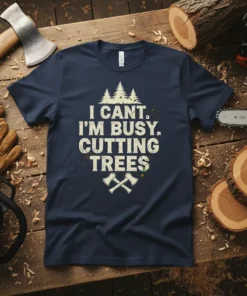 Navy t-shirt with white text "I CANT. I'M BUSY. CUTTING TREES" and graphics of trees and axes
