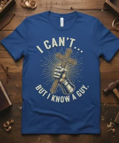 Christian t-shirt with the quote "I Can't... But I Know A Guy" and a hand holding a cross graphic