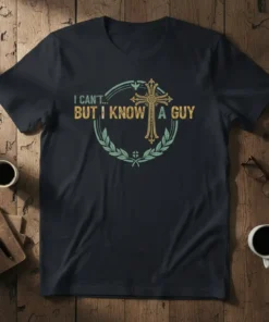 Christian t-shirt with text "I Can't... But I Know A Guy" and a decorative cross graphic
