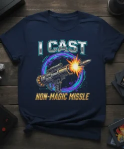 T-shirt featuring the text "I CAST NON-MAGIC MISSLE" above a graphic of a rocket launcher firing a missile, set against