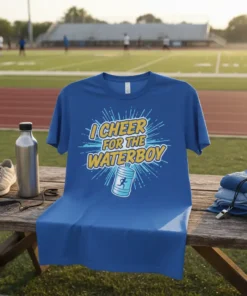 Blue t-shirt with "I CHEER FOR THE WATERBOY" text and a cartoon water jug character graphic
