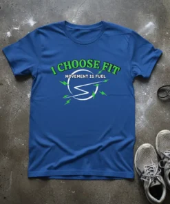 Blue t-shirt with green and white text "I CHOOSE FIT MOVEMENT IS FUEL" and a lightning bolt graphic, for fitness