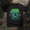 I CHOOSE VIOLENCE t-shirt design with a fierce bird warrior on skulls, holding light swords, green and purple glow