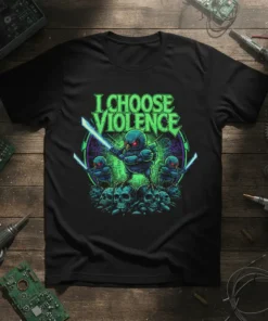 I CHOOSE VIOLENCE t-shirt design with a fierce bird warrior on skulls, holding light swords, green and purple glow