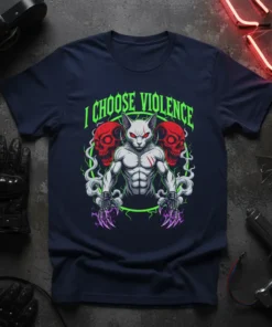 I CHOOSE VIOLENCE text on a t-shirt featuring a muscular cat with claws and red skulls