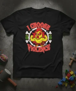 Black t-shirt with "I Choose Violence" text above a muscular cartoon rooster, surrounded by bones and grenades
