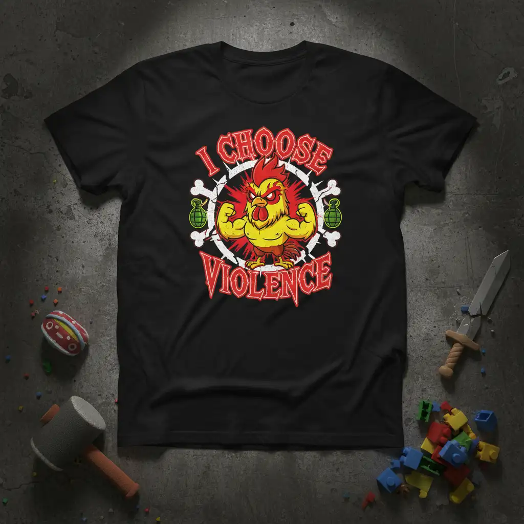 I CHOOSE VIOLENCE text with a muscular cartoon rooster, grenades, and bone graphic on a black t-shirt