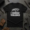 I CHOOSE VIOLENCE t-shirt with a graphic of a roaring hippopotamus, black shirt, white text