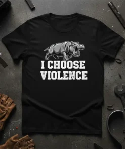 I CHOOSE VIOLENCE t-shirt with a graphic of a roaring hippopotamus, black shirt, white text