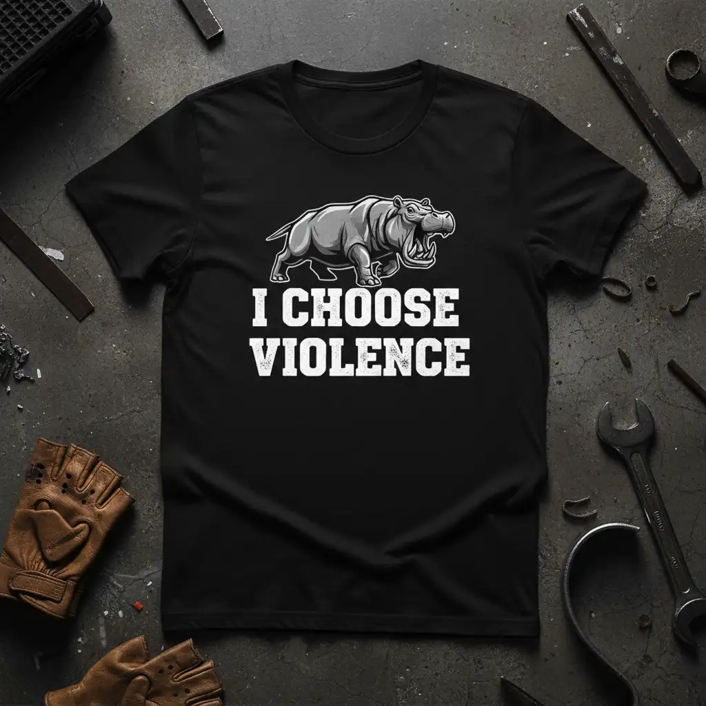 I CHOOSE VIOLENCE t-shirt featuring a fierce, roaring hippopotamus graphic and bold white text