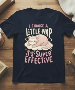 Sloth sleeping on a cloud with text "I CHOOSE A LITTLE NAP IT'S SUPER EFFECTIVE" on a navy t-shirt