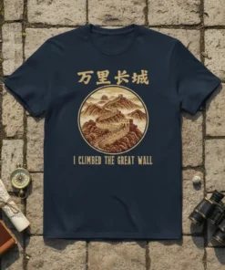 T-shirt featuring the phrase "I Climbed The Great Wall" with a detailed illustration of the Great Wall of China in