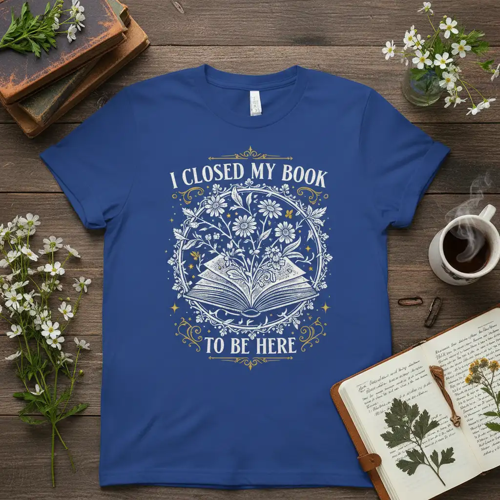 I Closed My Book To Be Here quote design with floral wreath and open book graphic