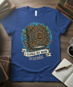 I CLOSED MY BOOK TO BE HERE quote on a blue t-shirt with a detailed ancient book graphic and magical