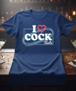 Blue t-shirt with white neon-style text "I COCK Tails" and a red heart above "COCK"
