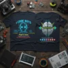 Dark t-shirt with blue text "I CODE BOTS" and a glowing robot face graphic, listing coding skills. Back design shows
