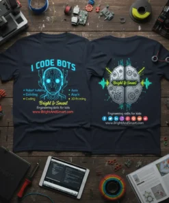 Dark t-shirt with blue text "I CODE BOTS" and a glowing robot face graphic, listing coding skills. Back design shows
