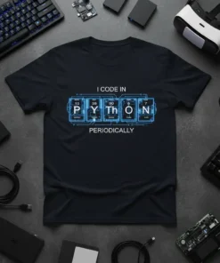 T-shirt with "I Code In Python Periodically" text and periodic table elements spelling Python