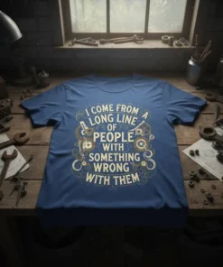 I Come From A Long Line Of People With Something Wrong With Them quote t-shirt with steampunk gear graphics