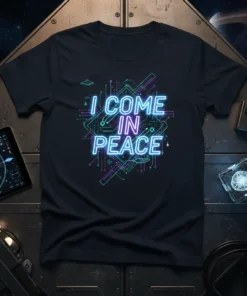 Black t-shirt with "I COME IN PEACE" in neon blue and pink, surrounded by circuit board lines and small UFO