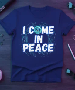 Blue t-shirt with white text "I COME IN PEACE" and a turquoise peace symbol, surrounded by a blue circuit board