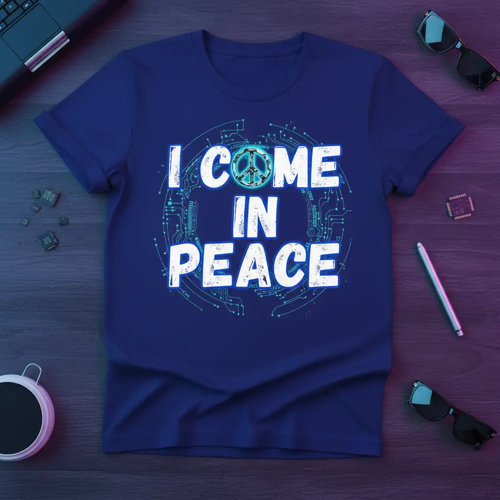 I COME IN PEACE text and peace symbol on a blue t-shirt with circuit board graphic