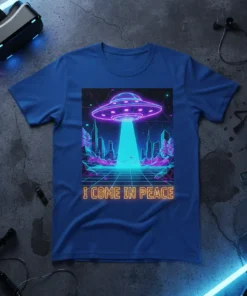 I Come In Peace t-shirt design with a neon UFO beaming down on a retro futuristic city skyline at night