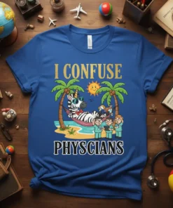 I Confuse Physicians t-shirt with a cartoon zebra relaxing in a hammock surrounded by confused medical professionals